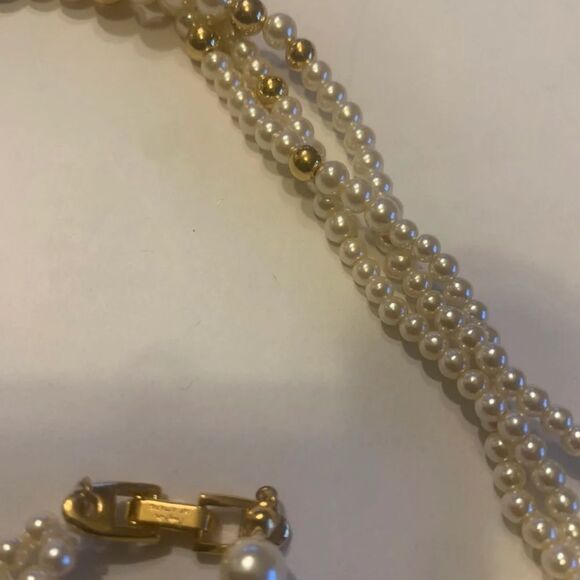 Napier Necklace 3 Strands Pearls and Gold Beads | Color: Gold | Size: 18.5 | - Picture 5 of 6